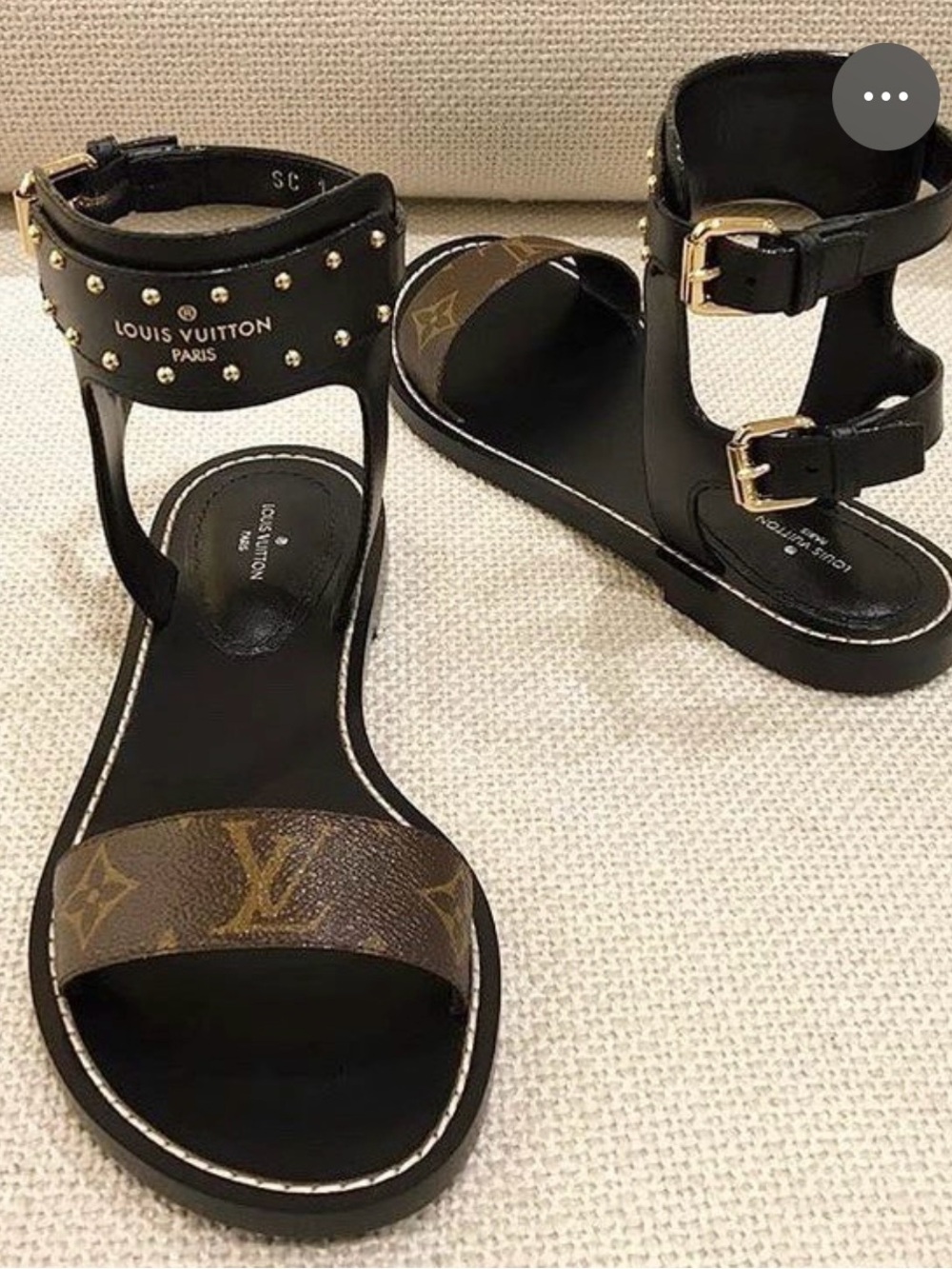 Louis Vuitton Black & Monogram Studded Ankle-Strap Sandals